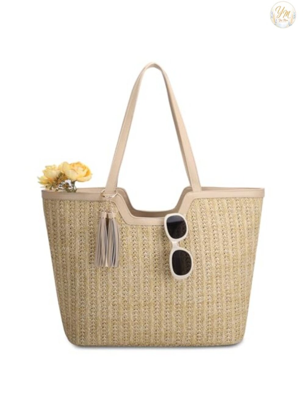 Woven Straw Crochet Tote Bag with Tassel Accents